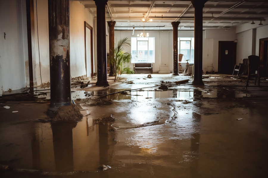 A flooded room with water covering the floor.