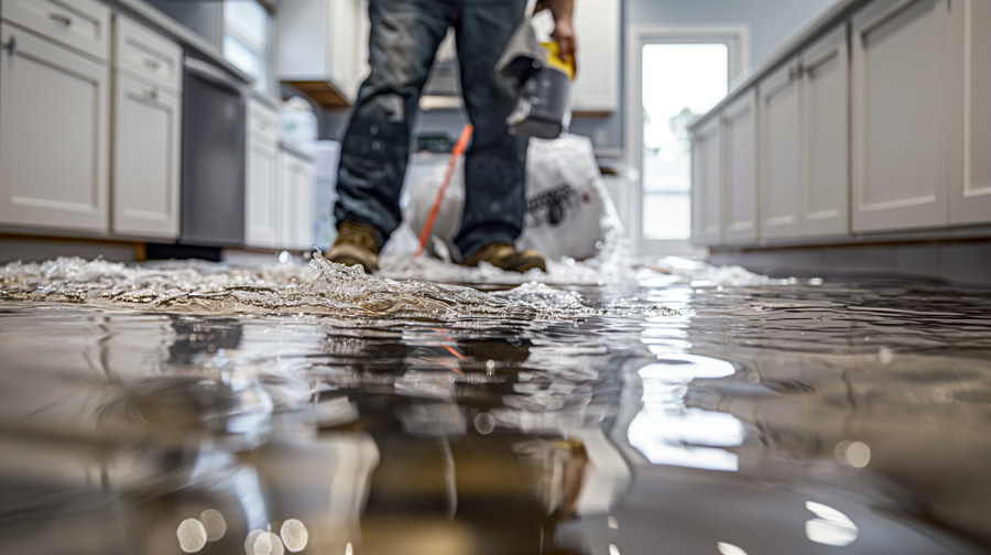 A man standing in a flooded kitchen, holding a vacuum cleaner.