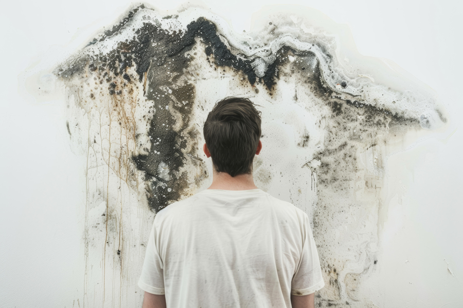 A man standing in front of a white wall with mold.