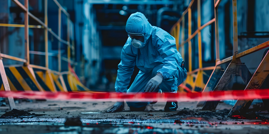 A man in a white hazmat suit kneeling on the ground.