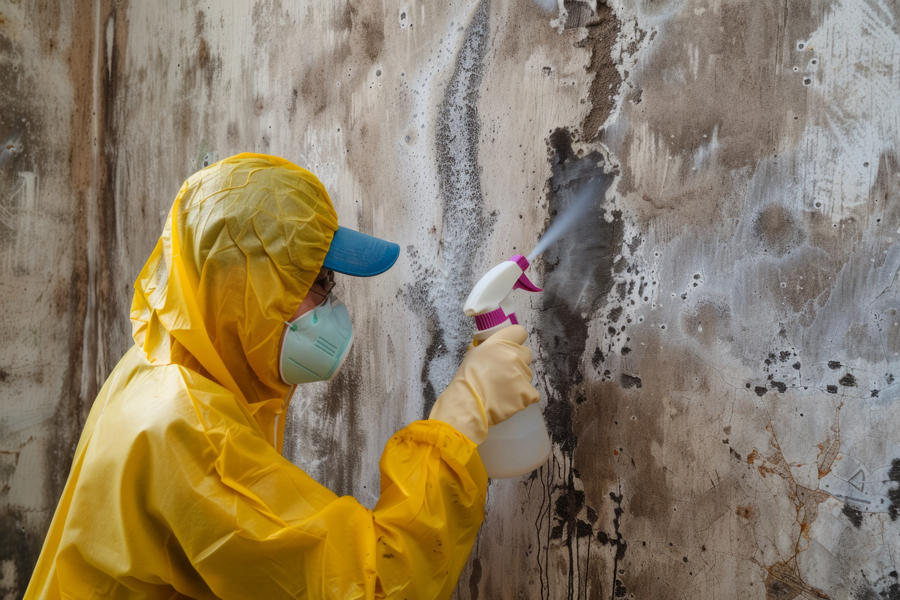 A person in a yellow rain suit using a sprayer to paint a wall.