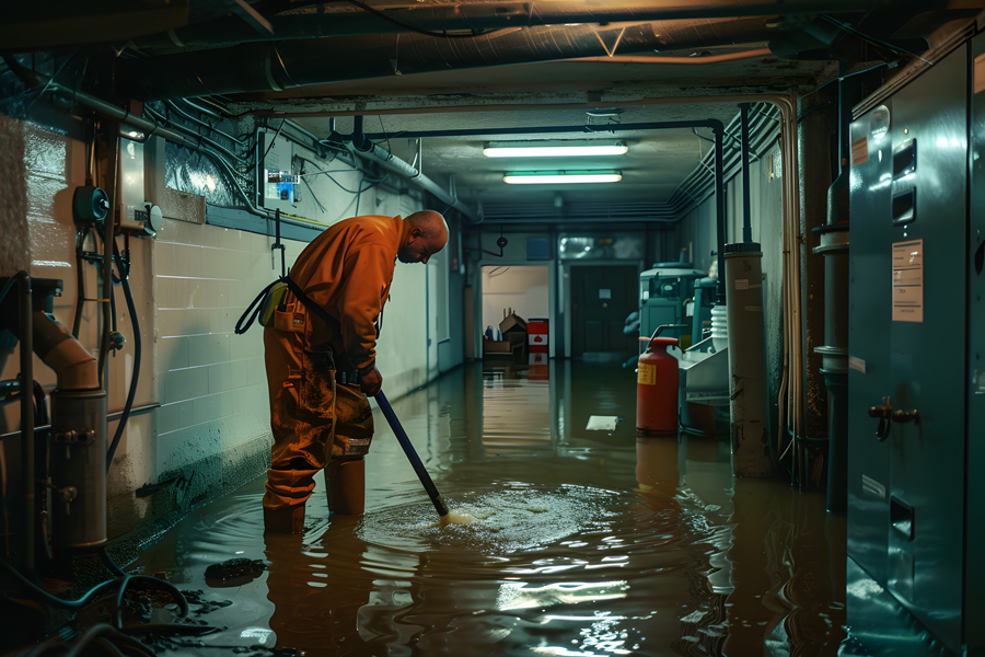 A man in an orange rain suit stands in a flooded hallway, water covering the floor.