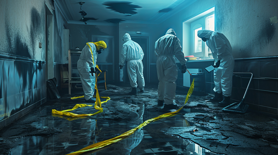 Four men in white protective suits meticulously cleaning a room, ensuring a safe and sanitized environment.