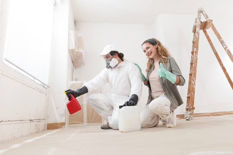 A man and woman in white protective gear painting a room.