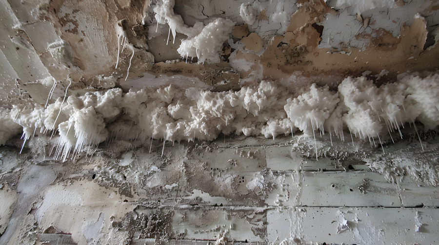 Mold-covered ceiling of old building, white and black patches, with man in background.