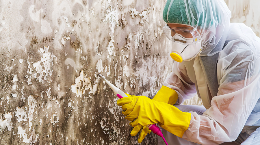 A man in a white coat and rubber gloves sprays mold on a white wall.