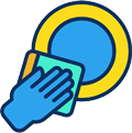 A hand grasping a circular object that is blue and yellow in color, showcasing its vibrant design and texture.