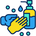 Icon depicting hand washing with soap and water, emphasizing hygiene and cleanliness.