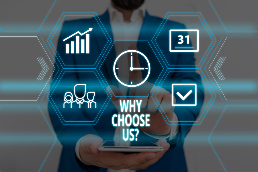 A blue background with the text "Why Choose Us?" prominently displayed, inviting viewers to explore the benefits offered.