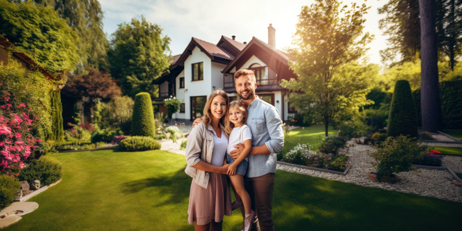 A couple and their daughter standing in front of their house.