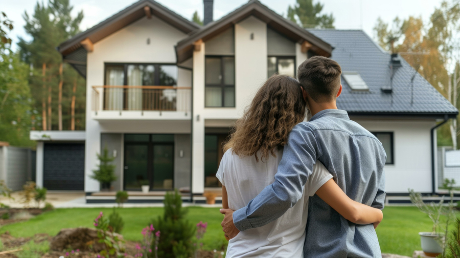 A couple standing in front of a house on a sunny day.