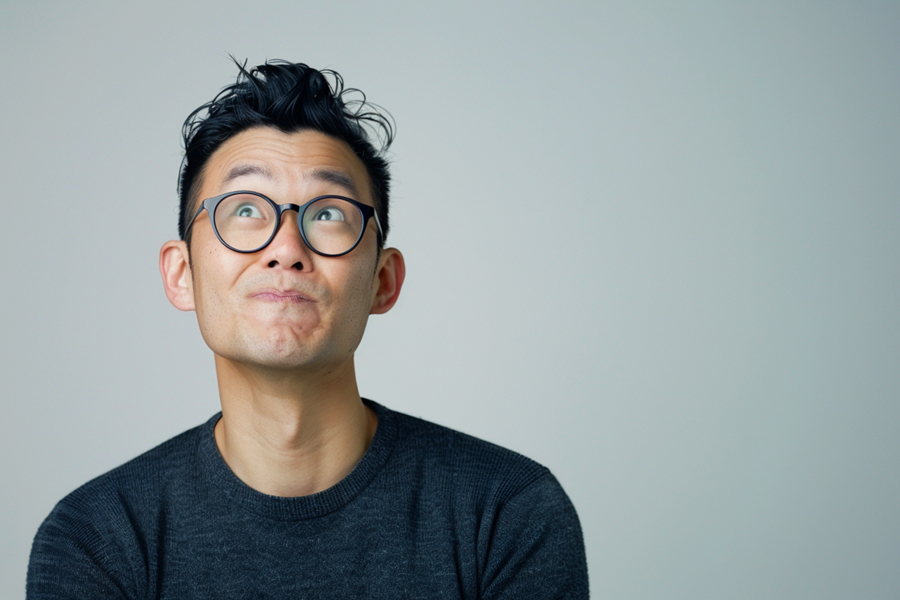 A man wearing glasses gazes upward, his expression thoughtful and engaged with his surroundings.