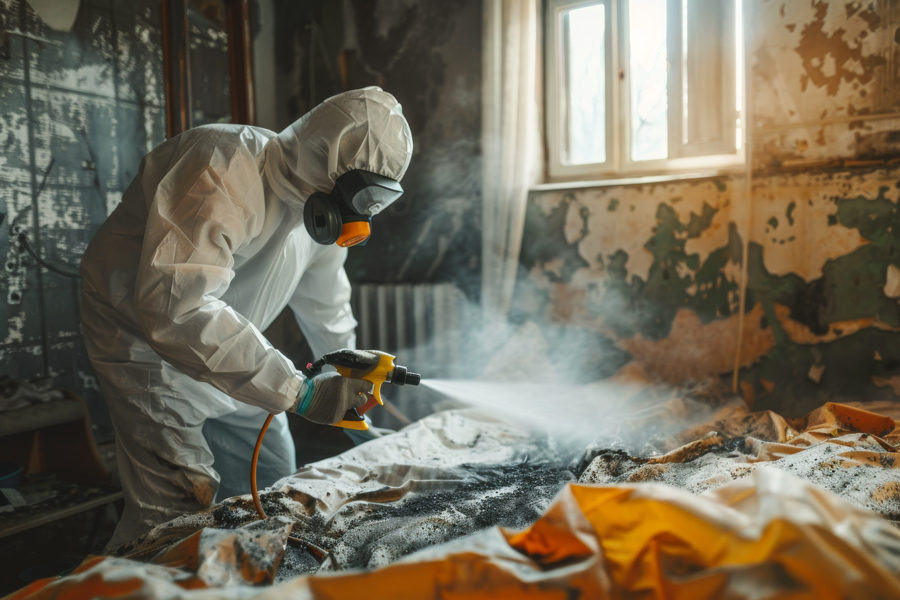 A man in a protective suit disinfecting a room with a hose.