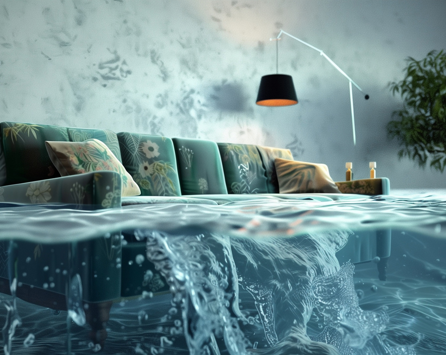 A blue couch partially submerged in water, creating a surreal and striking visual contrast.