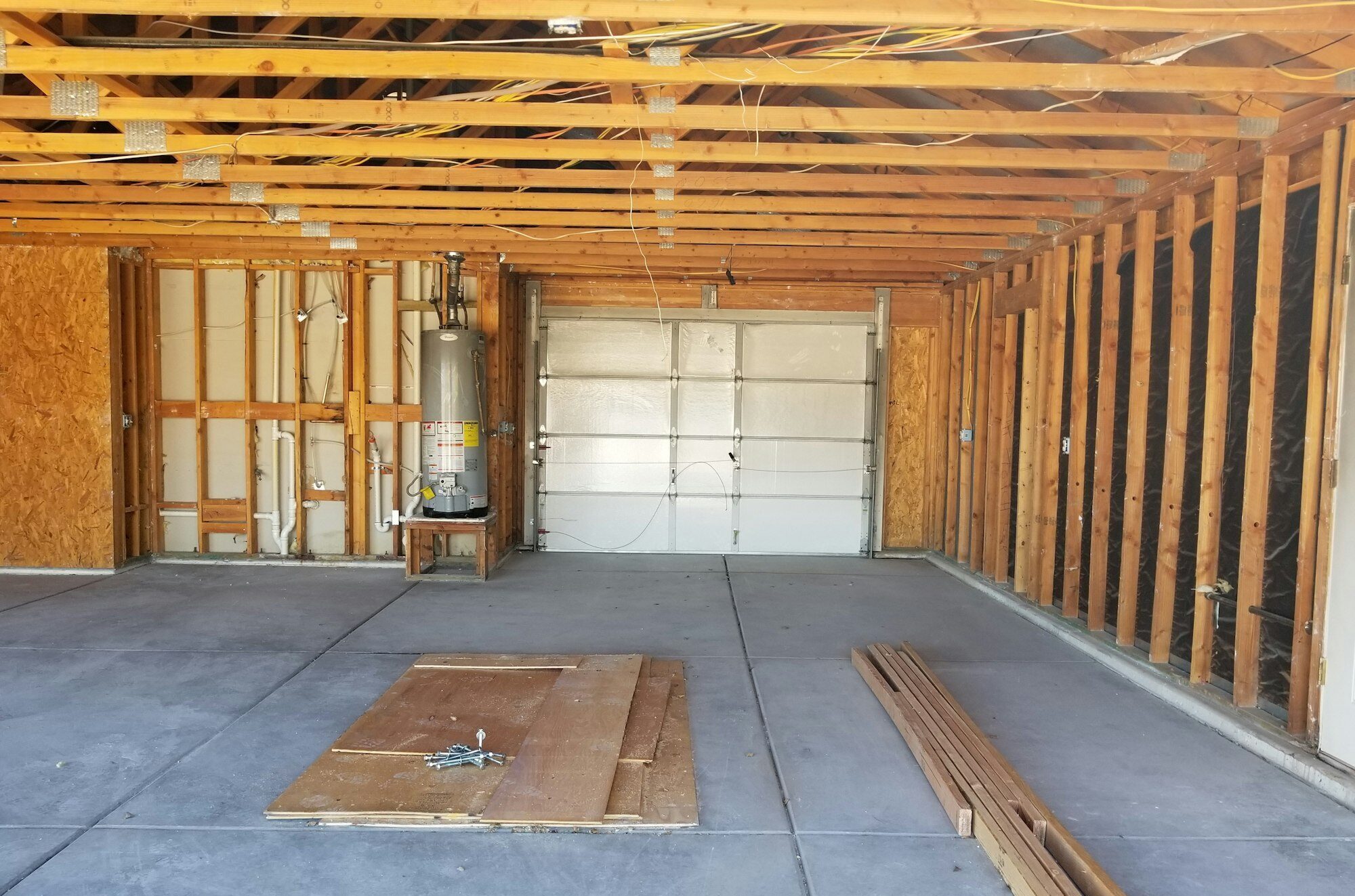 A garage constructed with wood framing.