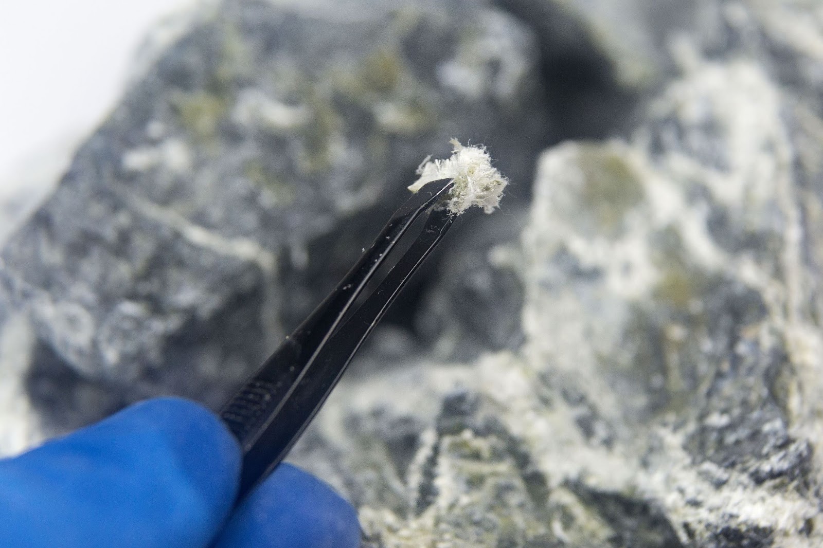 A person carefully uses tweezers to handle a rock, emphasizing safety in asbestos removal and hazardous material management.